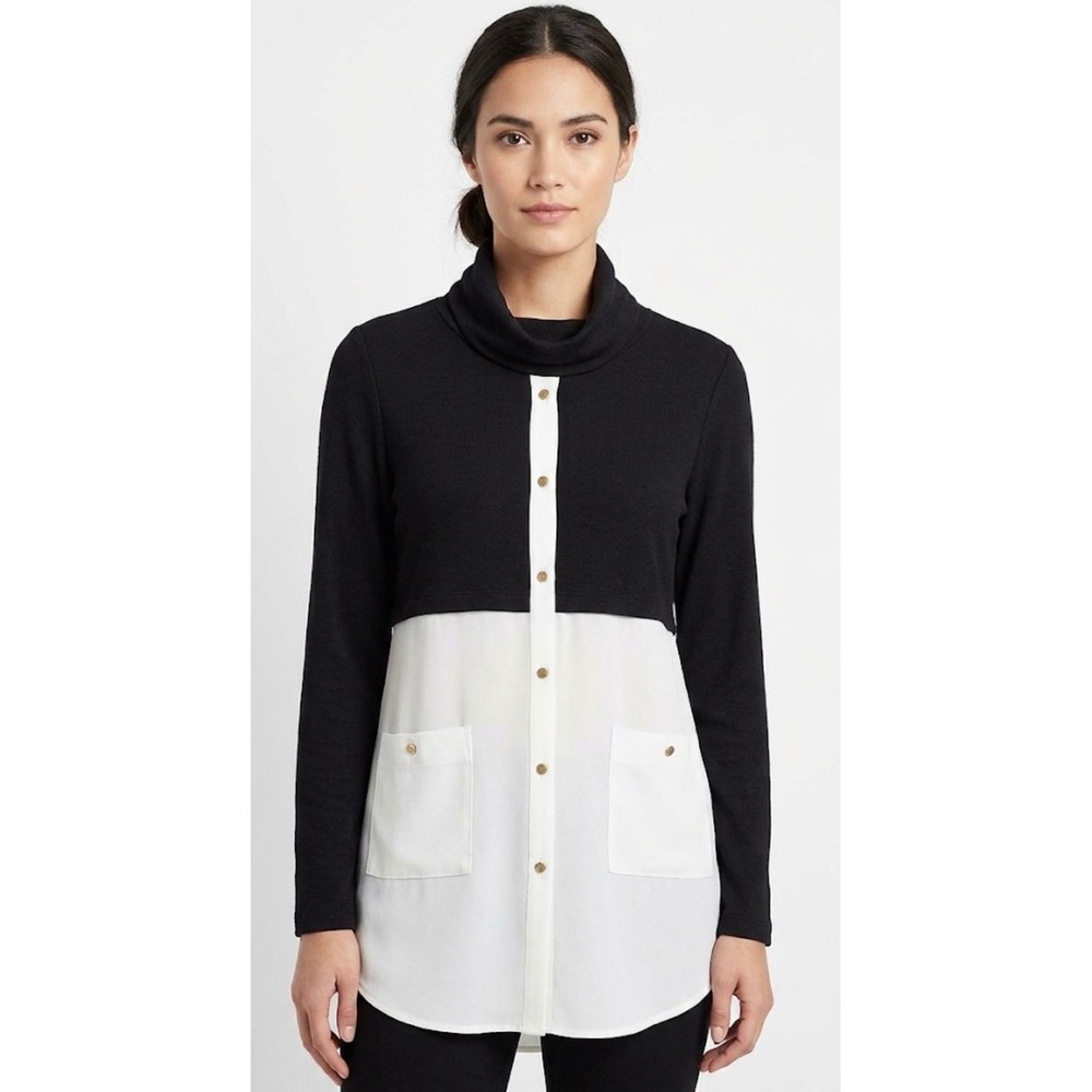 Scapa Lauren Perre Tunic Black White Colorblock Cowl Neck Button Front Size S